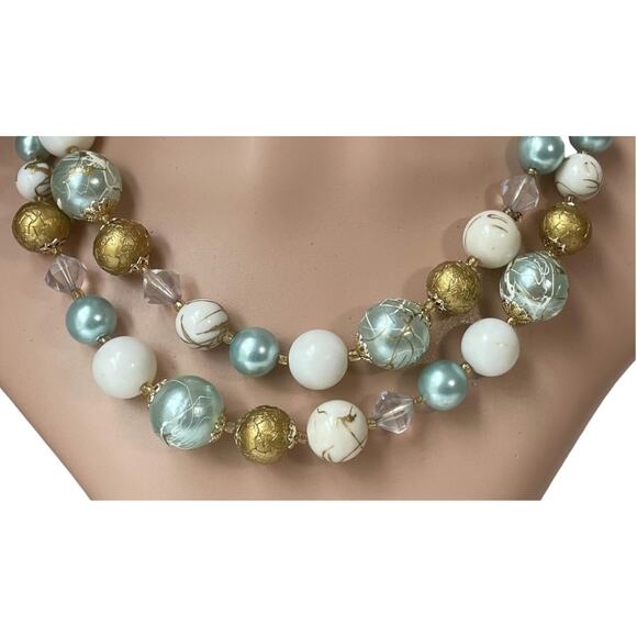 1960s Japan Double Strand Light Blue White Gold Round Beads Adjustable Necklace - Picture 2 of 5